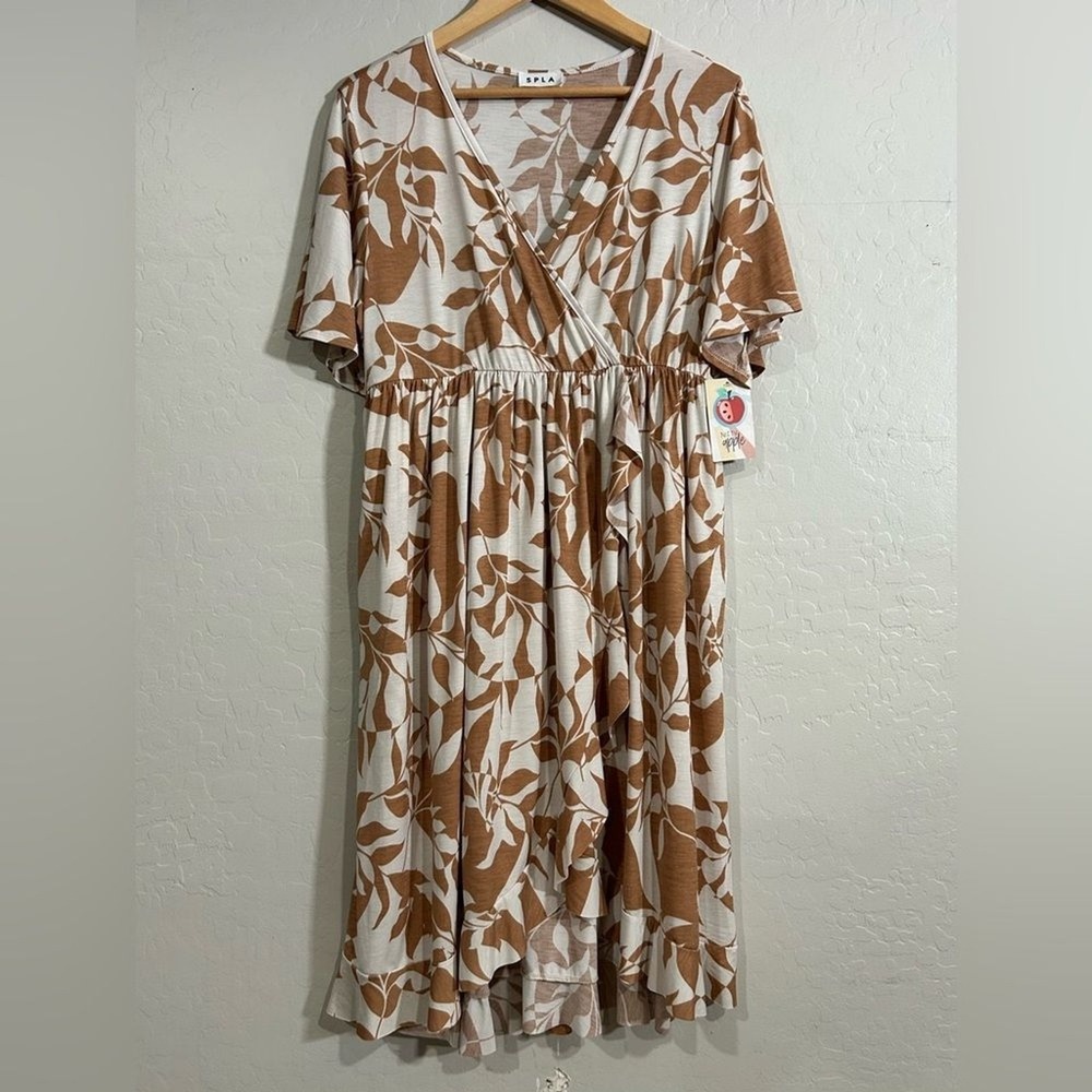 SPLA Tan White Leaf Print Faux Wrap Midi Dress Ruffle Tropical Summer Large NWT